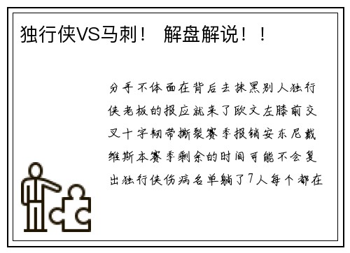 独行侠VS马刺！ 解盘解说！！