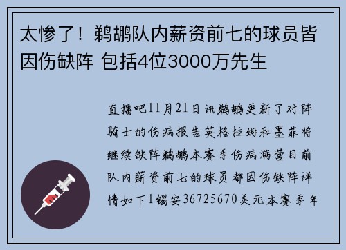 太惨了！鹈鹕队内薪资前七的球员皆因伤缺阵 包括4位3000万先生